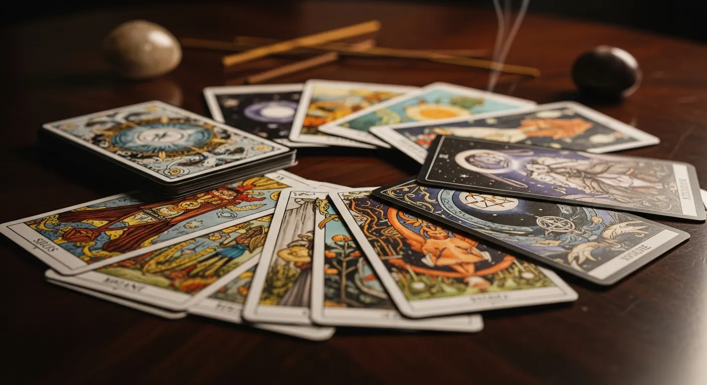 Diferentes barajas de tarot sobre una mesa de madera