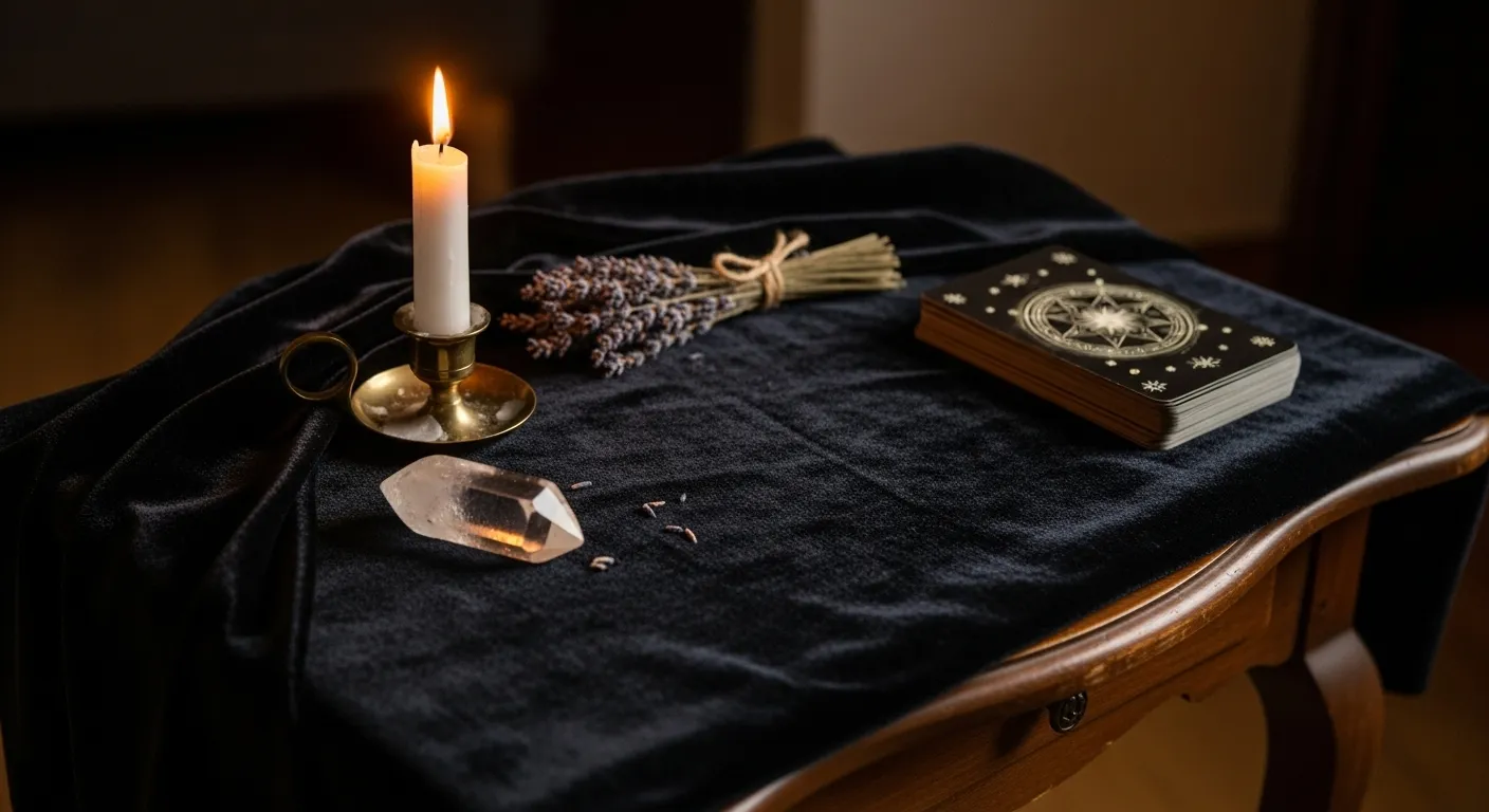 Altar preparado para lectura de tarot con vela y cristal