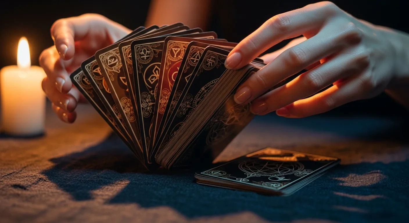 Manos barajando cartas de tarot a la luz de las velas