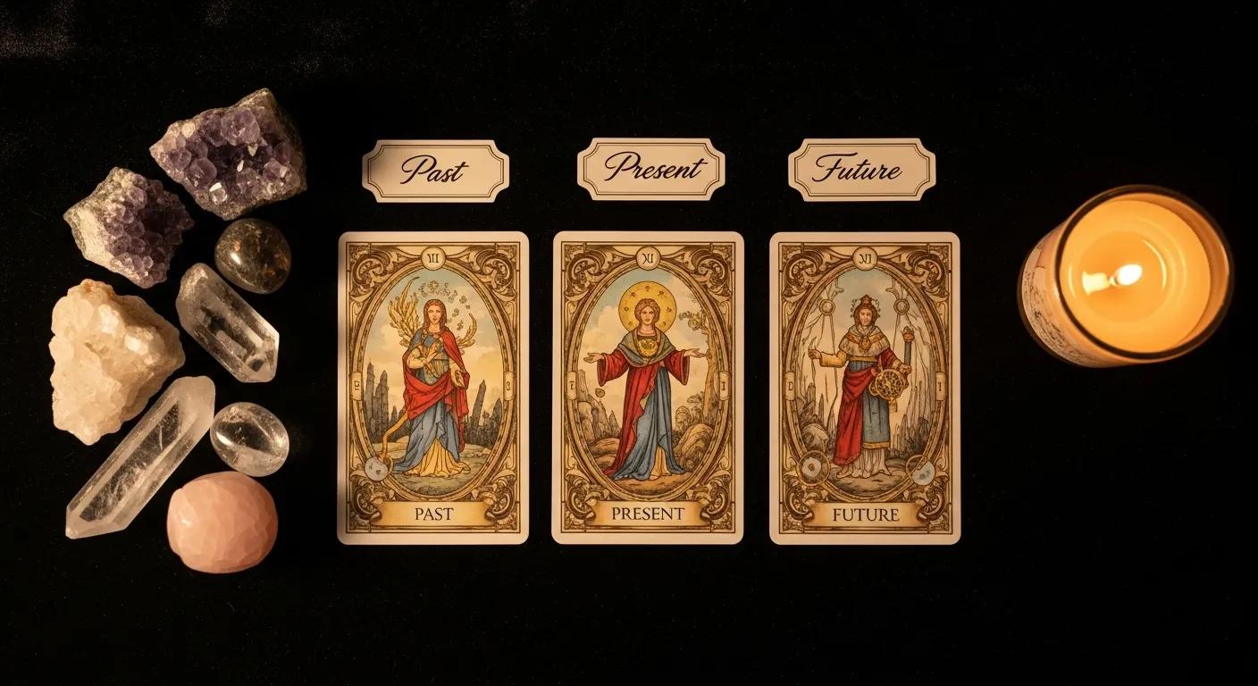 Tirada de tres cartas de tarot sobre terciopelo oscuro